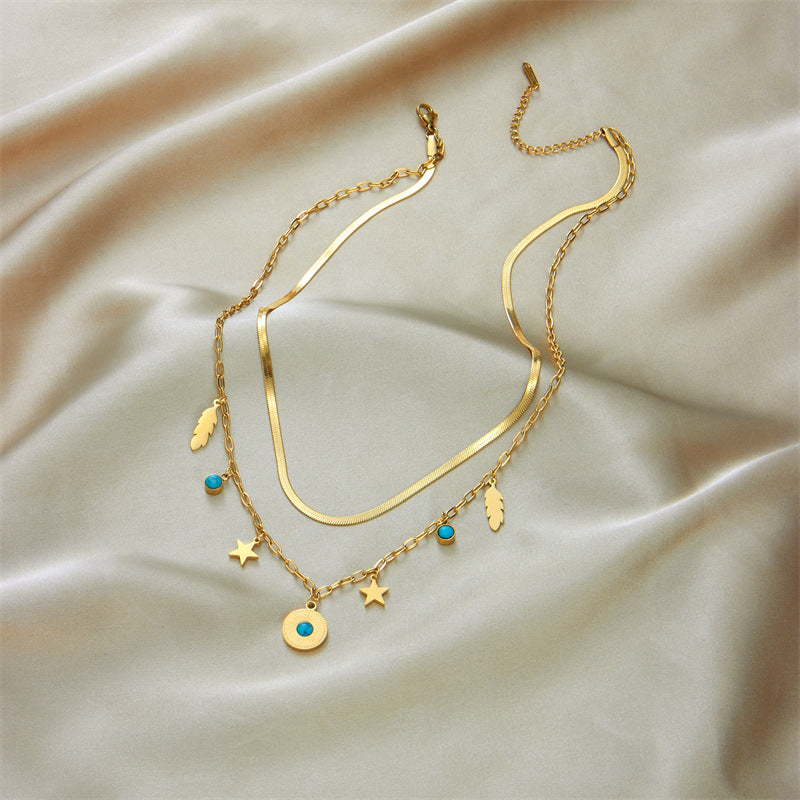 Collana Vintage a Doppia Catena a Serpente in Acciaio al Titanio con Ciondolo Rotondo Turchese, Ciondoli a Stella e Piuma, Design Geometrico