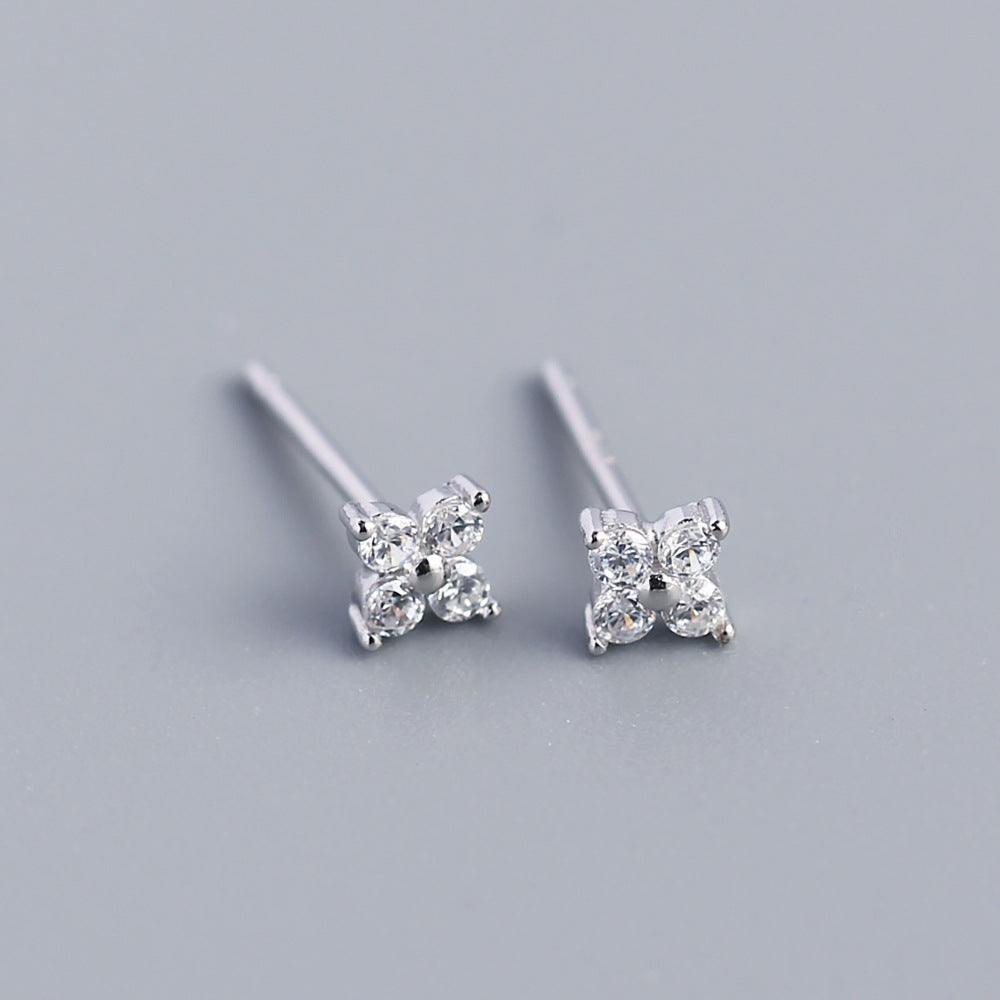 Minimalist Sweet 925 Sterling Silver Inlaid Rhinestone Floral Stud Earrings