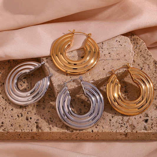 Orecchini a Cerchio Vuoti Geometrici Minimalisti in Acciaio Inossidabile da Donna con Placcatura in Oro 18K e Texture Circolare