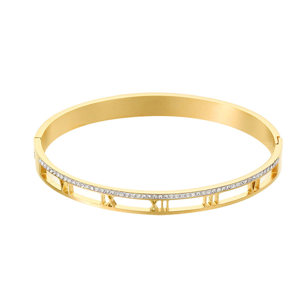 Minimalist Round Micro-inlay Rhinestone Titanium Steel Open Cuff Bracelet with Roman Text for Women