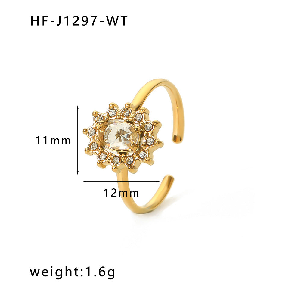 Anello da Donna Minimalista a Forma di Girasole in Acciaio Inossidabile con Intarsi in Zircone e Placcatura Sottovuoto in Oro 18K