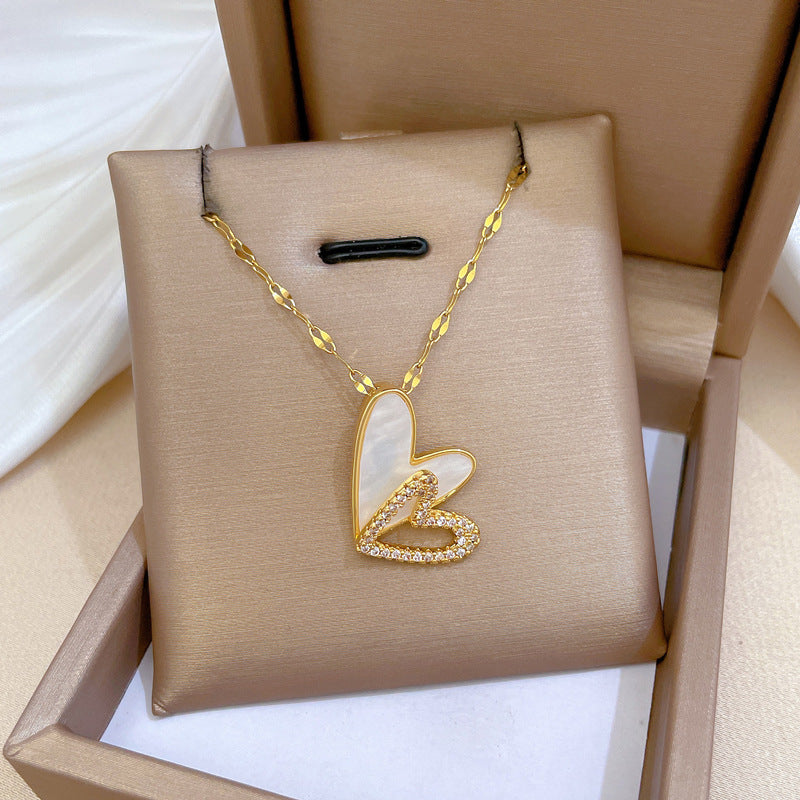 Elegant Hollow-Out Heart Pendant Necklace for Women Stainless Steel Double Layer Delicate Collarbone Chain with Rhinestone Accents