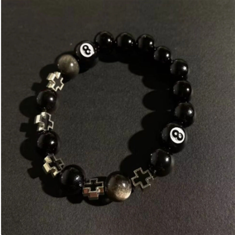 Geometric Cross Obsidian and Cat's Eye Beaded Bracelet