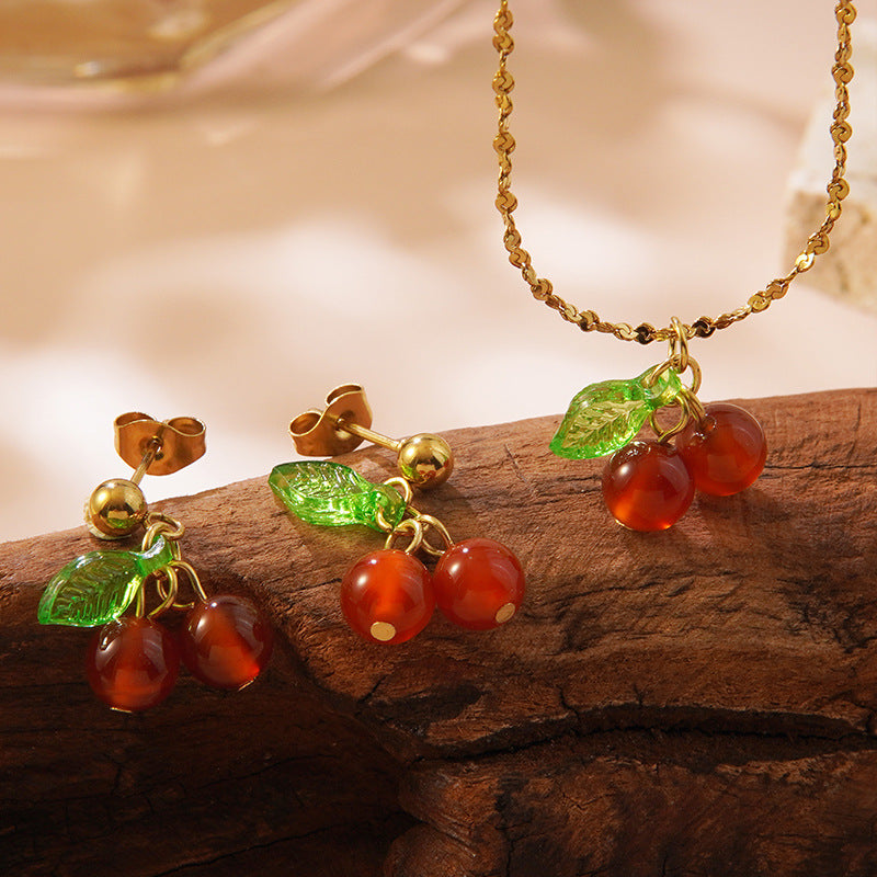 Sweet Minimalist Stainless Steel Cherry Fruit Necklace and Earring Set for Women