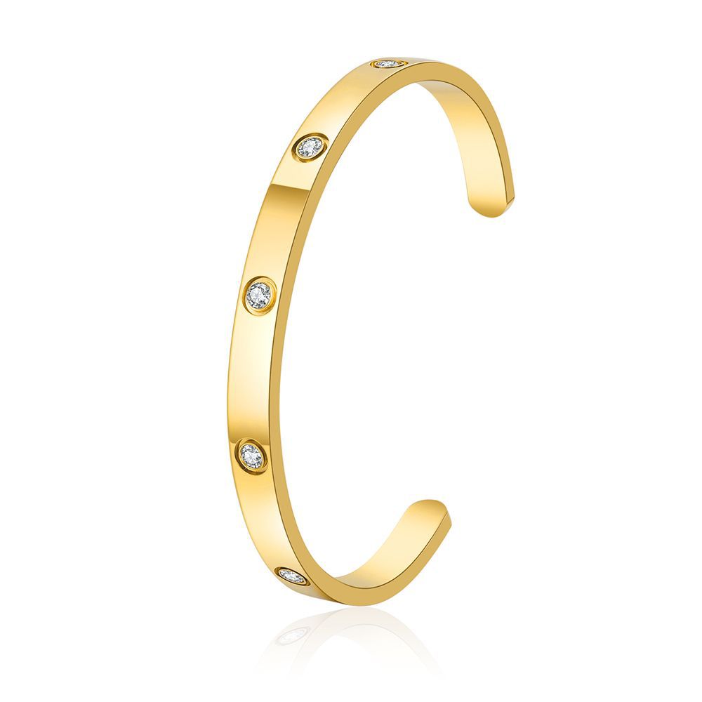 Minimalist Elegant Geometric Titanium Steel C-Shape Bracelet with Rhinestone Inlay for Unisex