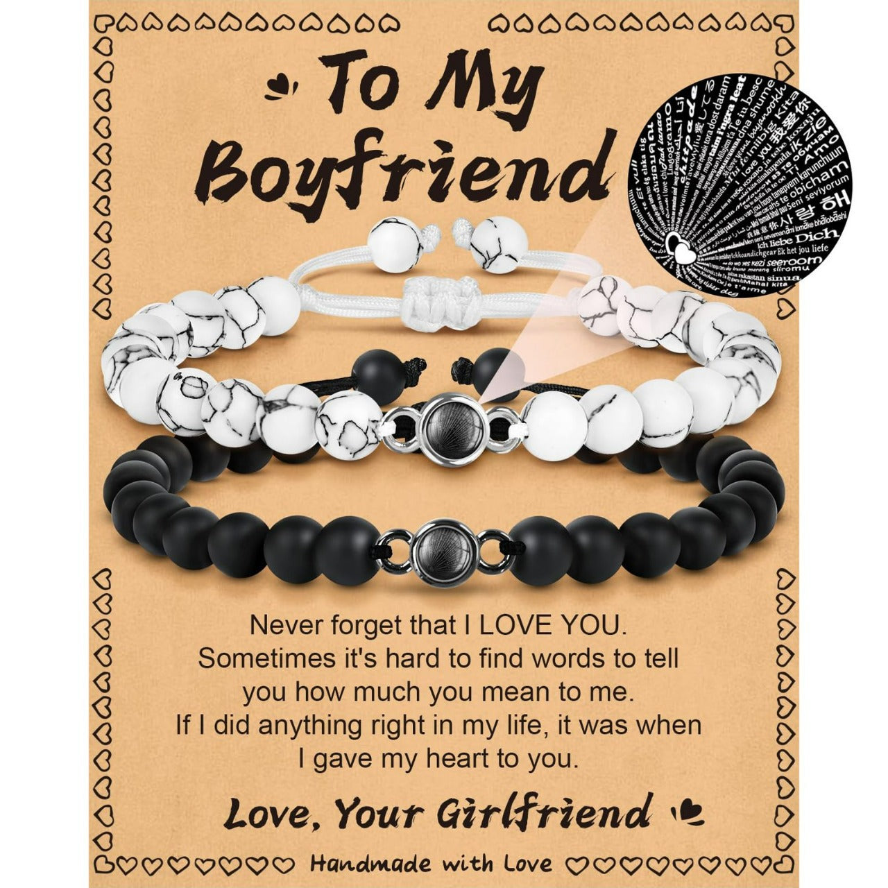 Minimalist Unisex Handmade Braided Projection Stone Bracelet Set with Matte Black Agate and White Turquoise Beads