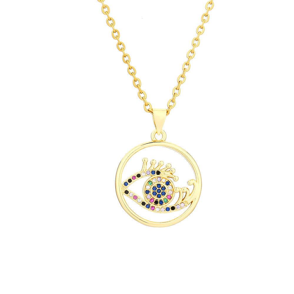 Elegante Collar con Colgante en Forma de Ojo para Mujer de Cobre con Baño de Oro de 18K y Circonitas Micro-Pavé en Cadena de Acero de Titanio