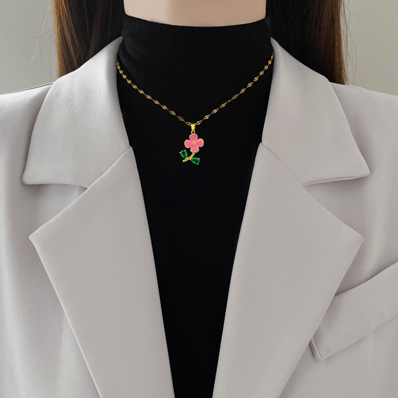 Sweet Elegant Geometric Floral Drip Oil Rhinestone Pendant Necklace Titanium Steel Cable Chain Unisex