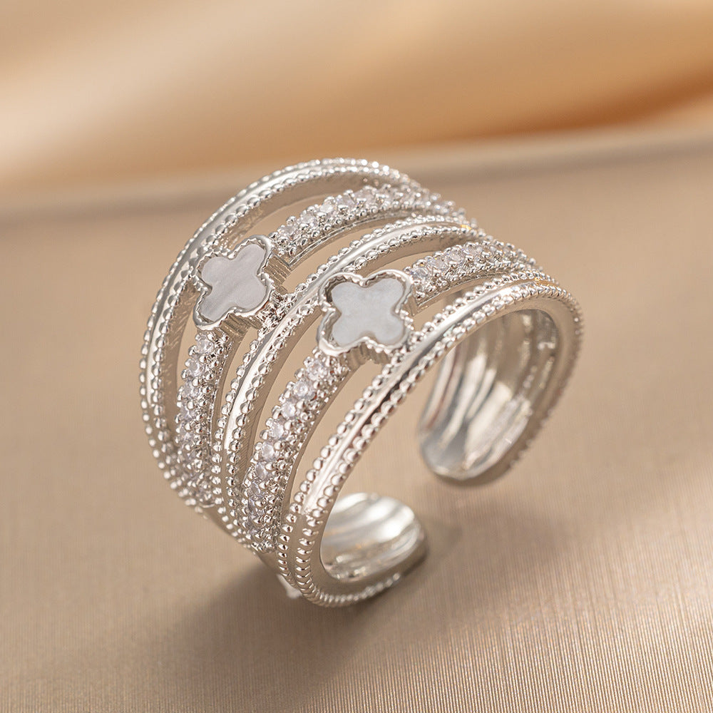 Luxury Minimalist Adjustable Open Ring for Women with Gold-Plated Copper Band and Zircon Stone Accent in Heart and Floral Shape