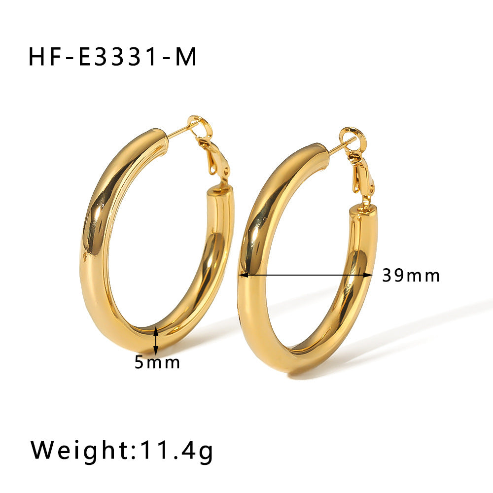 Retro Hip-Hop Minimalist Round Stainless Steel Hollow Hoop Earrings with 18K Gold Plating for Women