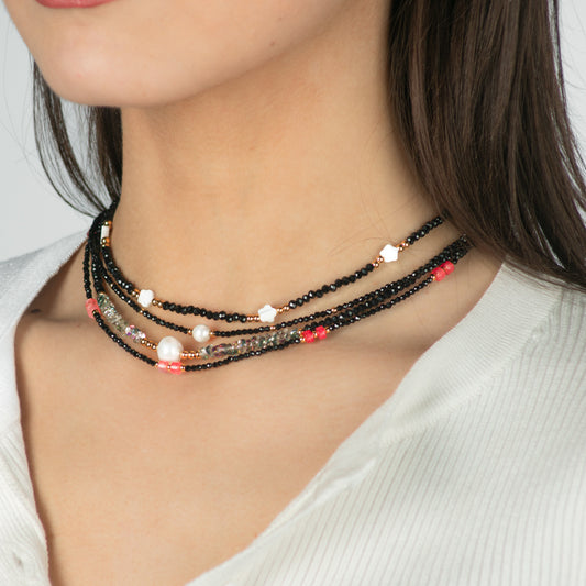 Minimalist Black Spinel and Pearl Beaded Necklace in Stainless Steel with Plated Finish for Women