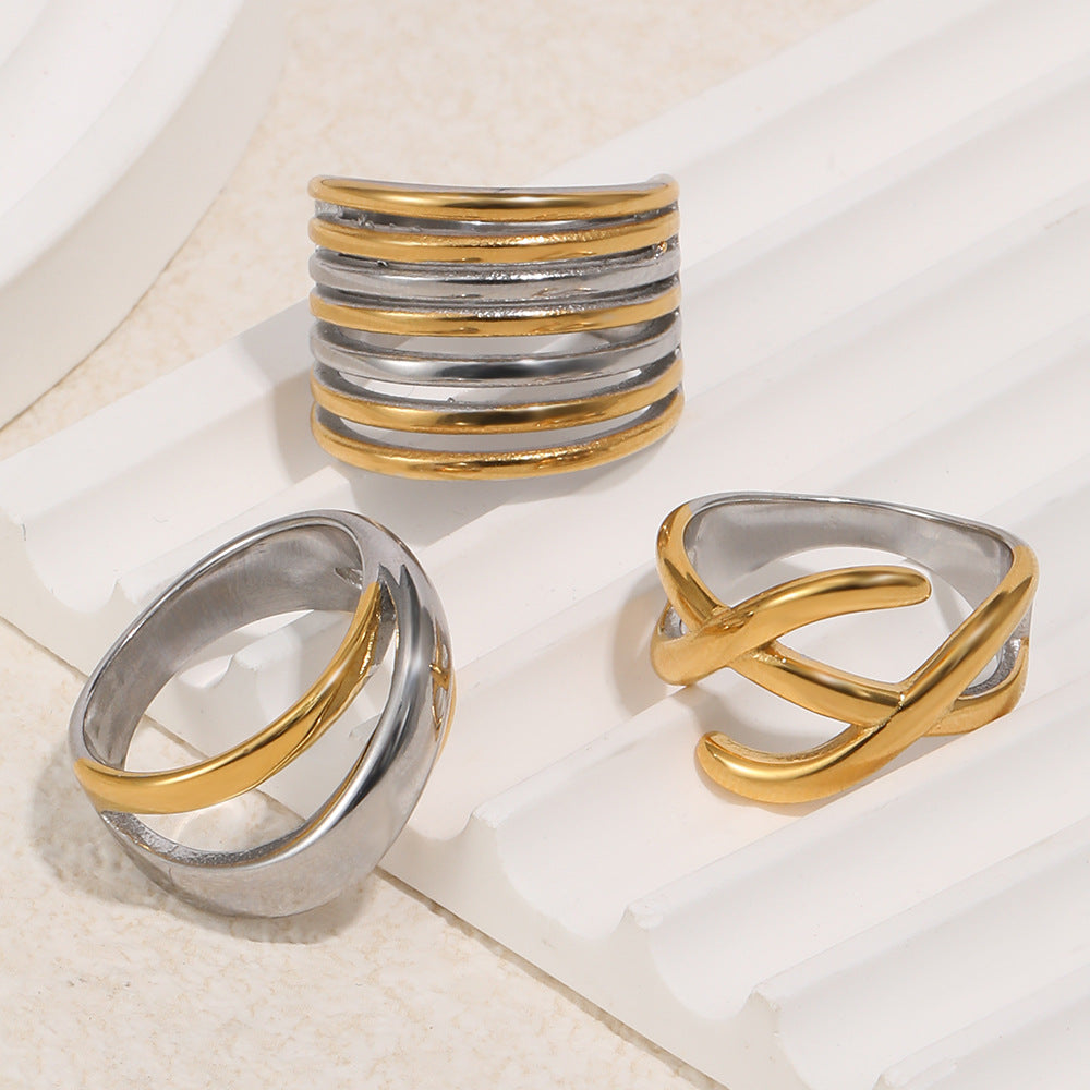Fashion Minimalist Two-Tone Geometric Stainless Steel Gold Plated Ring for Women