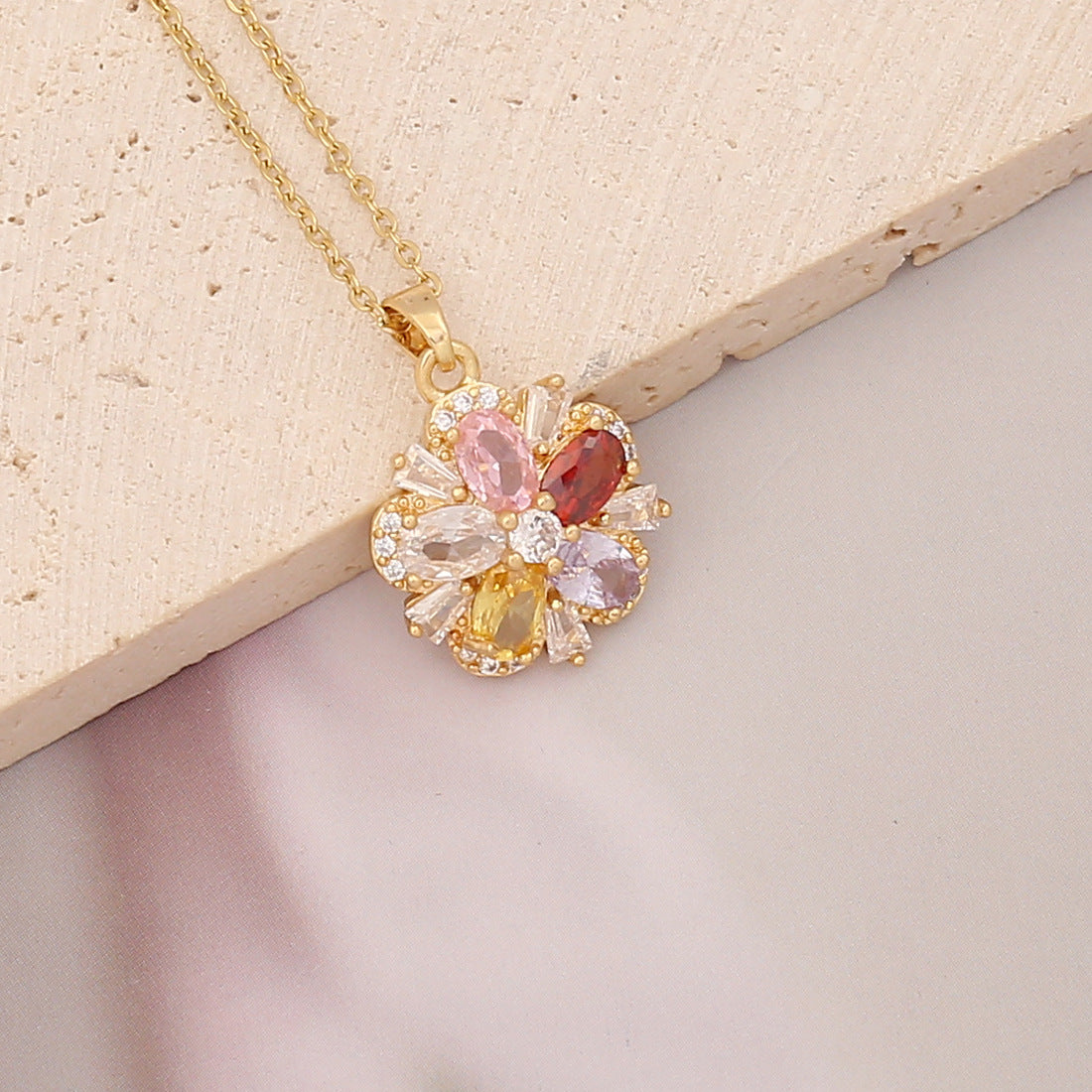 Elegant Brass Plated Leaf Heart Pendant Necklace with Cubic Zirconia Inlay