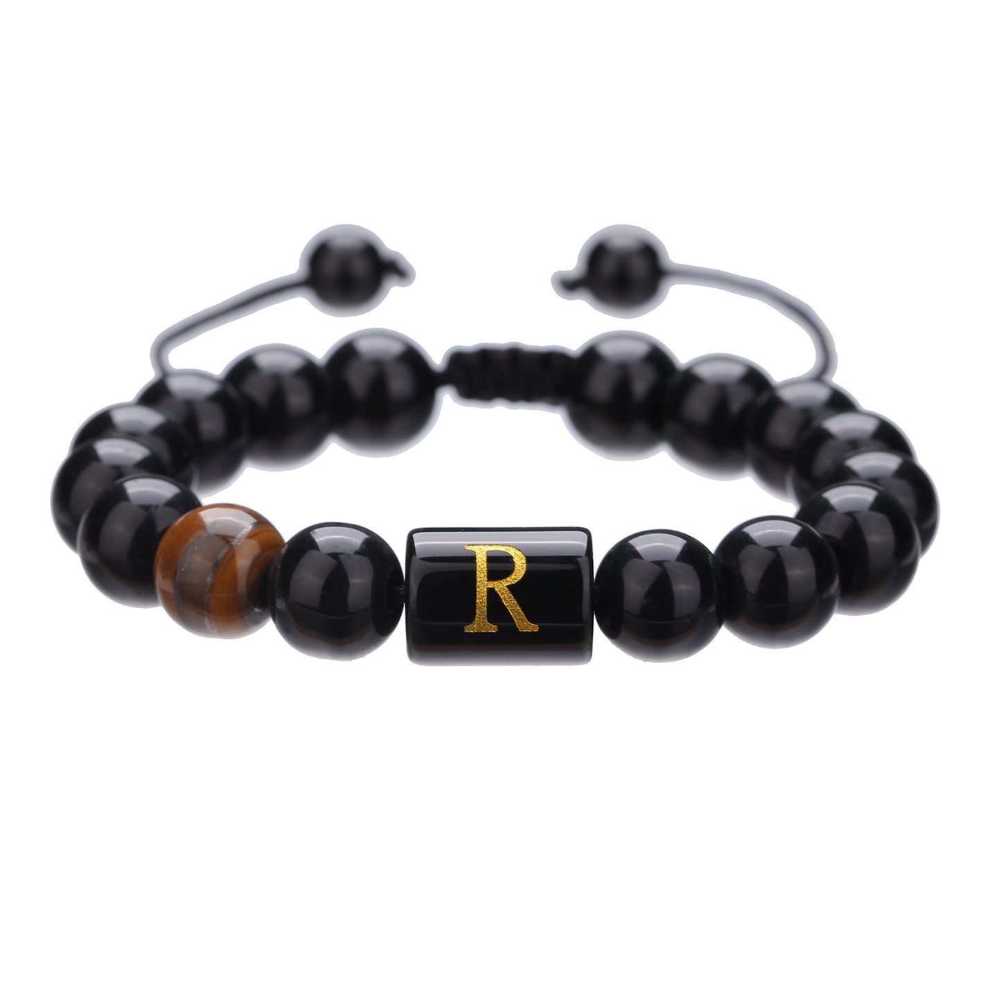 10mm Round Agate Beaded Bracelet with Alphabet Letters Adjustable Unisex