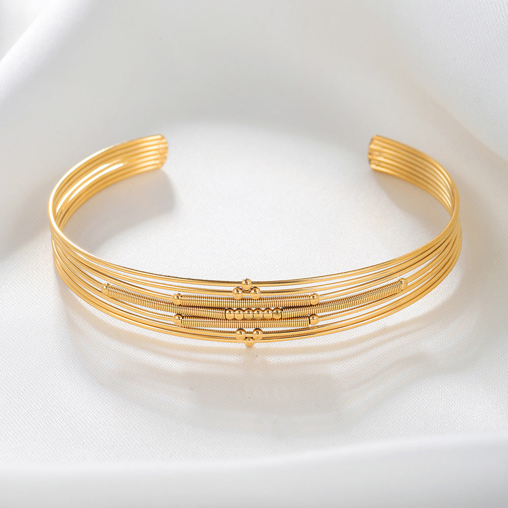 Vintage Geometric Round Plated Stainless Steel Multi-Layer Open Cuff Bracelet for Women