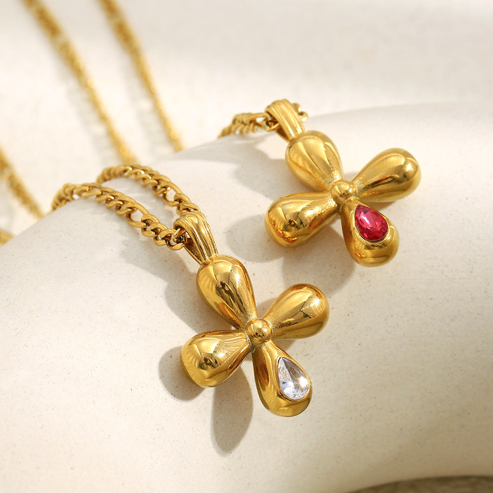 Luxury Vintage Cross Pendant Necklace for Women Stainless Steel with 18K Gold Plating and Red Zircon Inlay