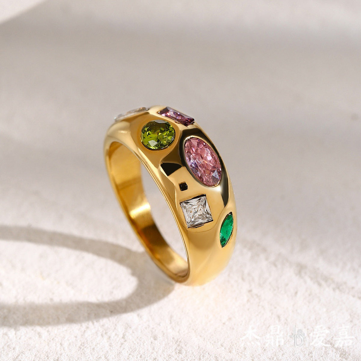 18K Gold Plated Geometric Round Stainless Steel Ring with Colorful Cubic Zirconia for Women