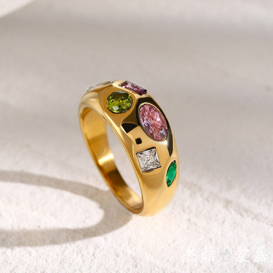 18K Gold Plated Geometric Round Stainless Steel Ring with Colorful Cubic Zirconia for Women