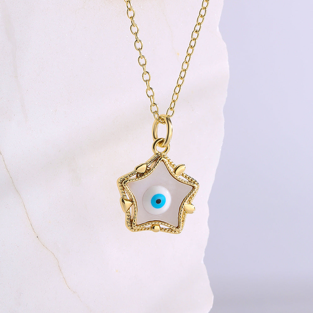 Collana Minimalista Geometrica a Cinque Punte Occhio di Allah da Donna, in Rame Placcato Oro 18K con Finitura a Smalto