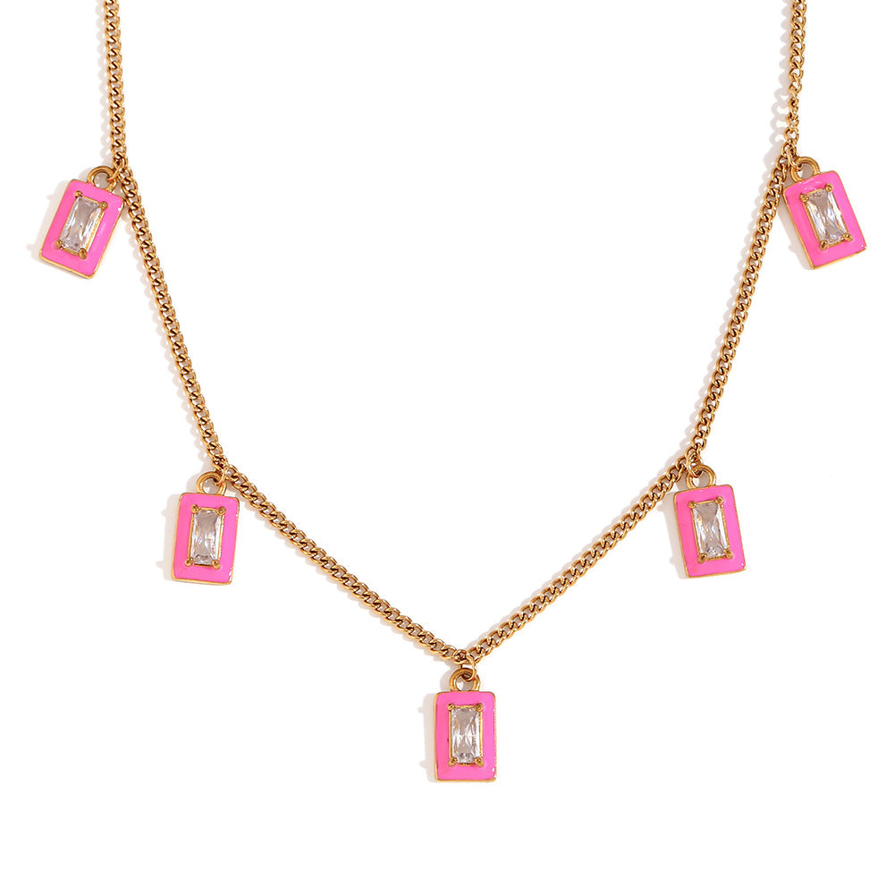 Fashionable Geometric Rectangular Stainless Steel Gold-Plated Pendant Necklace with Zircon Inlay and Enamel Finish for Women