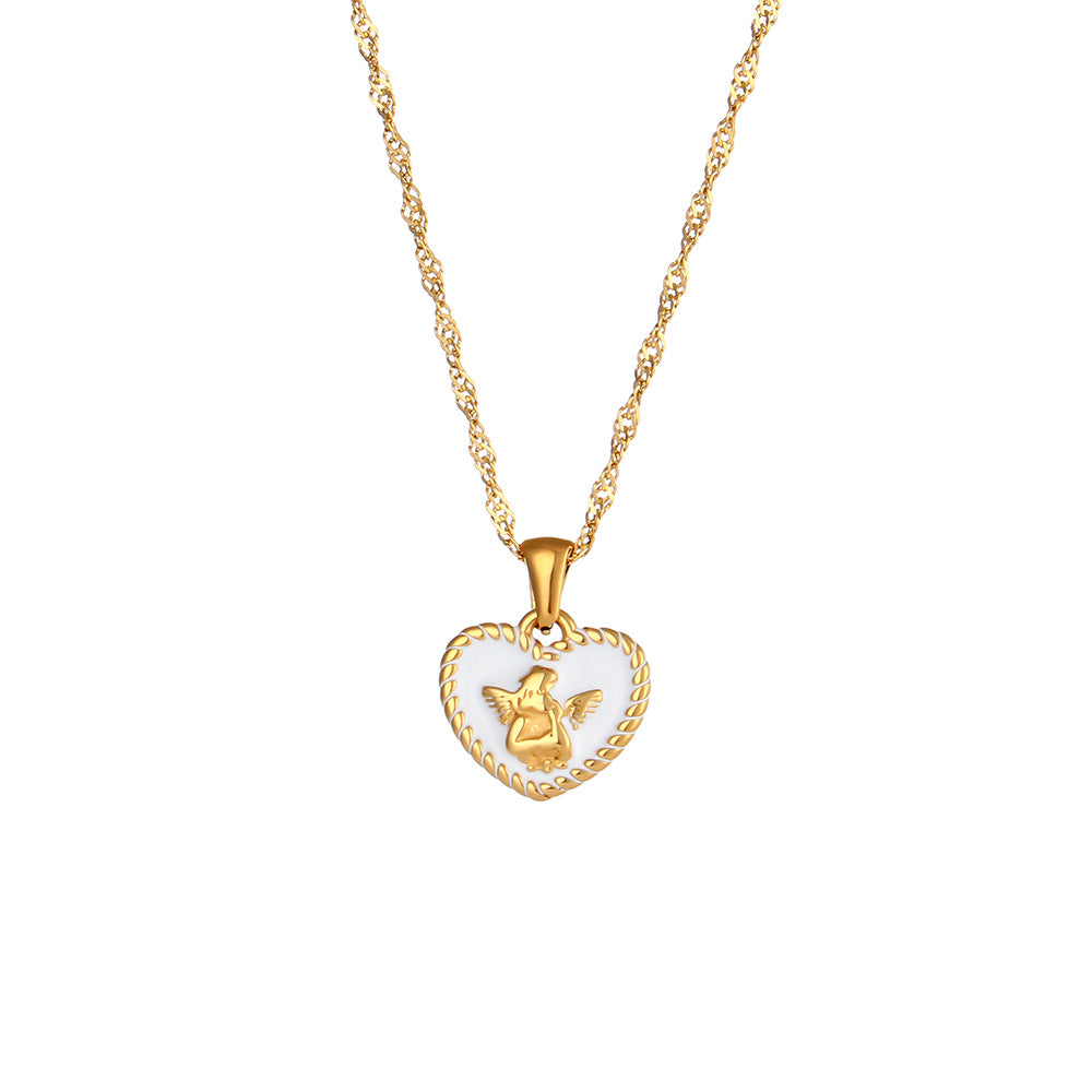 Collana con Ciondolo a Angelo Geometrico Minimalista in Acciaio al Titanio Placcato Oro 18K, Design Cuore e Libellula da Donna