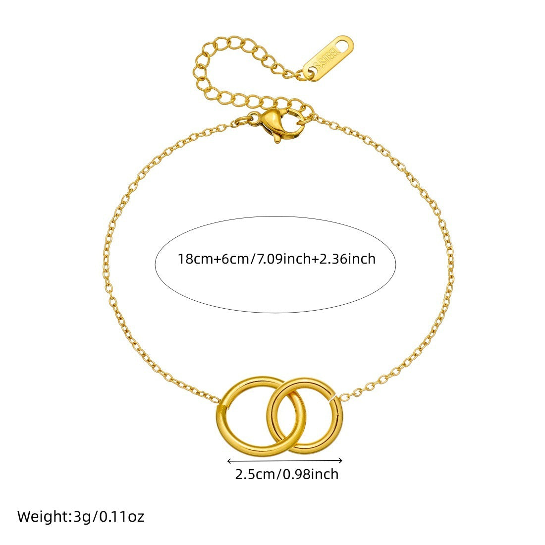 Minimalist Gold Plated Geometric Round Double Ring Pendant Stainless Steel Bracelet for Women