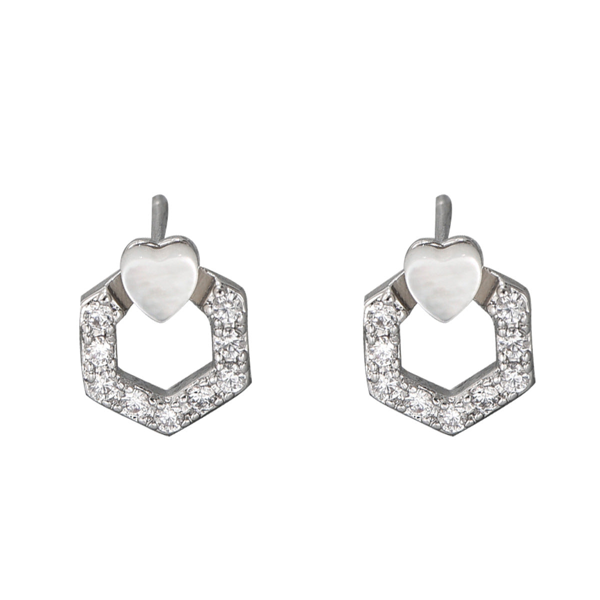 Orecchini a perno geometrici a cuore minimalisti in rame con intarsio in zircone per donna