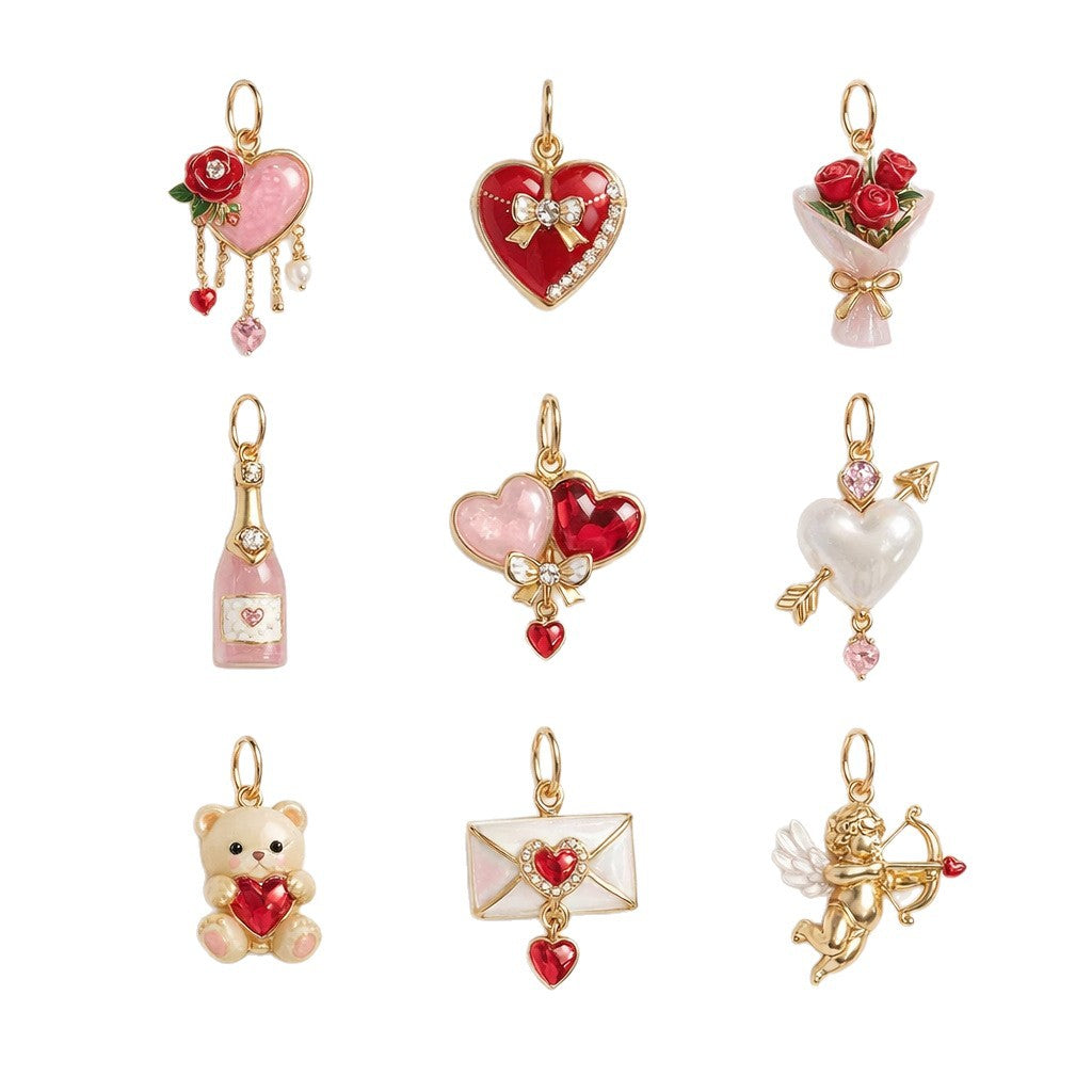 Barretta Ciondolo Vintage Orsetto Cuore con Smalto a Goccia Placcato Oro 14K