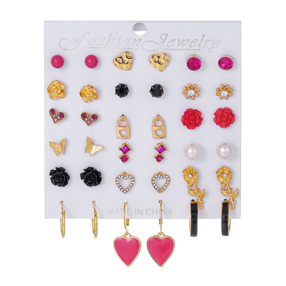 Geometric Butterfly Heart Rose Pearl Rhinestone Drip Oil Plated Alloy Earrings