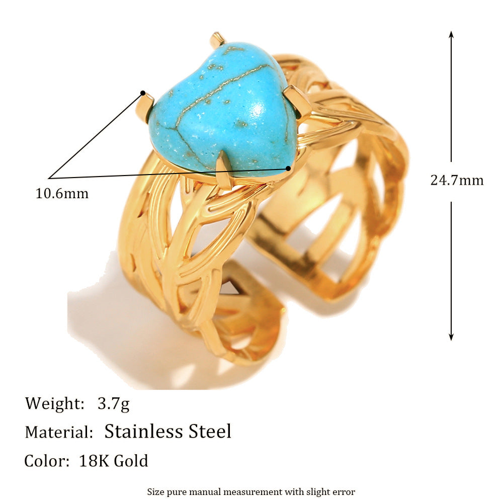 Vintage Style Geometric Turquoise Heart Opening Ring in Stainless Steel with 18K Gold Plating for Women