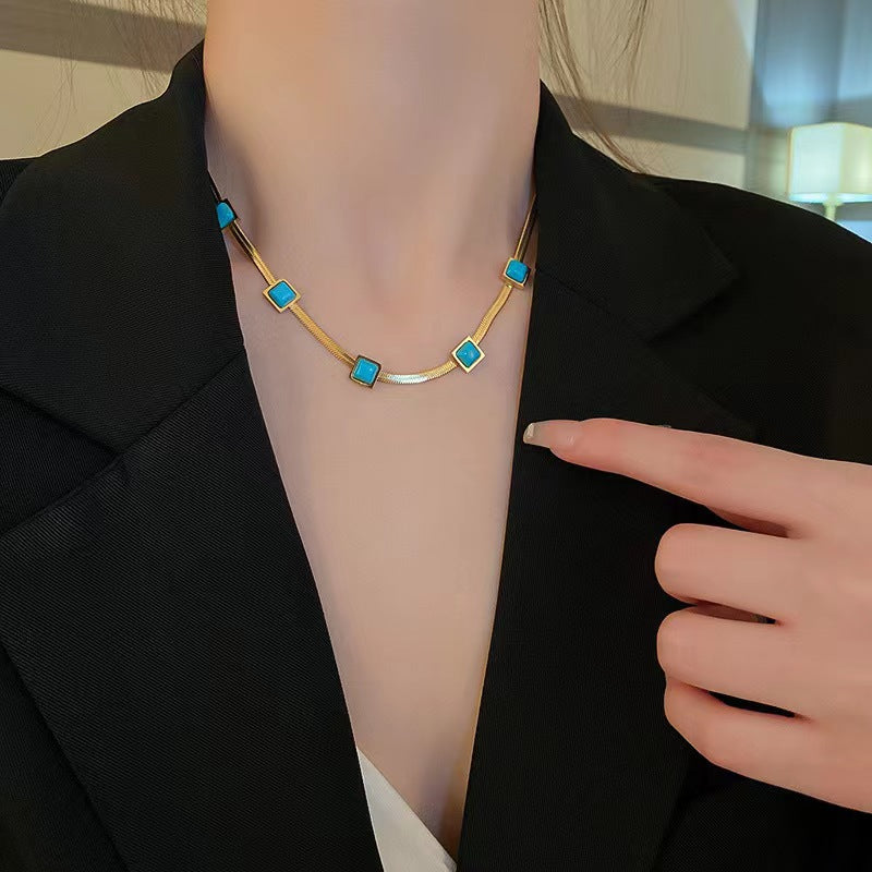 Bohemian Geometric Turquoise Square Pendant Necklace for Women Titanium Steel Snake Chain with Gold Plating
