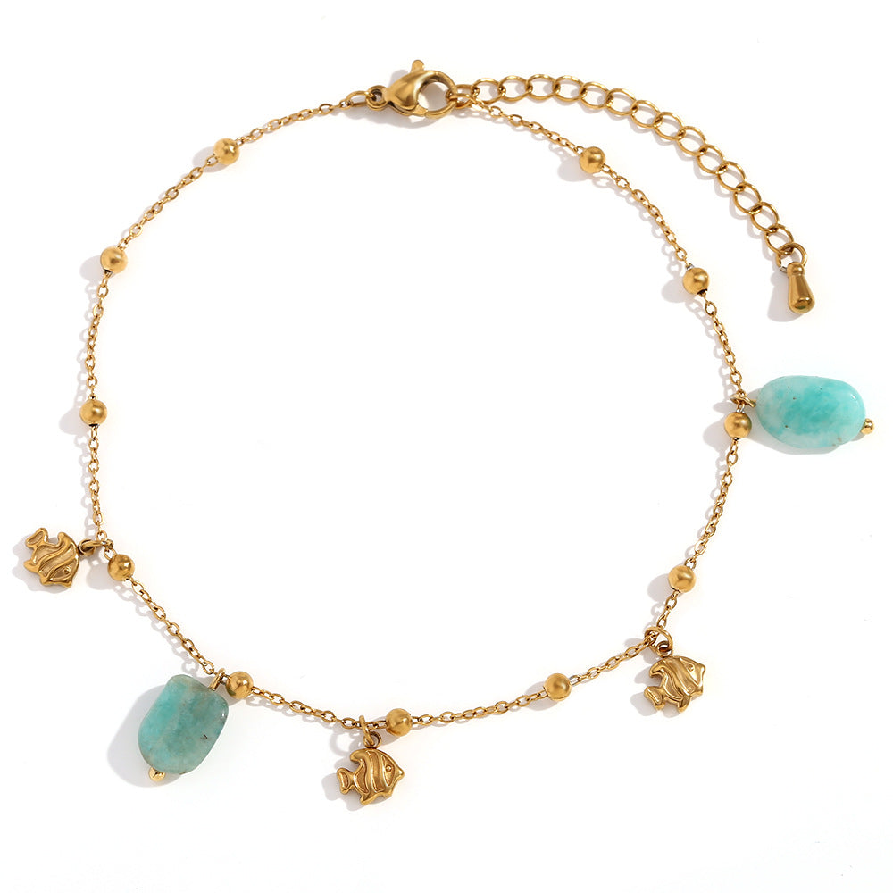 Cavigliera minimalista a forma di pesce in acciaio inossidabile con placcatura in oro 18 carati e ciondolo acquamarina da donna