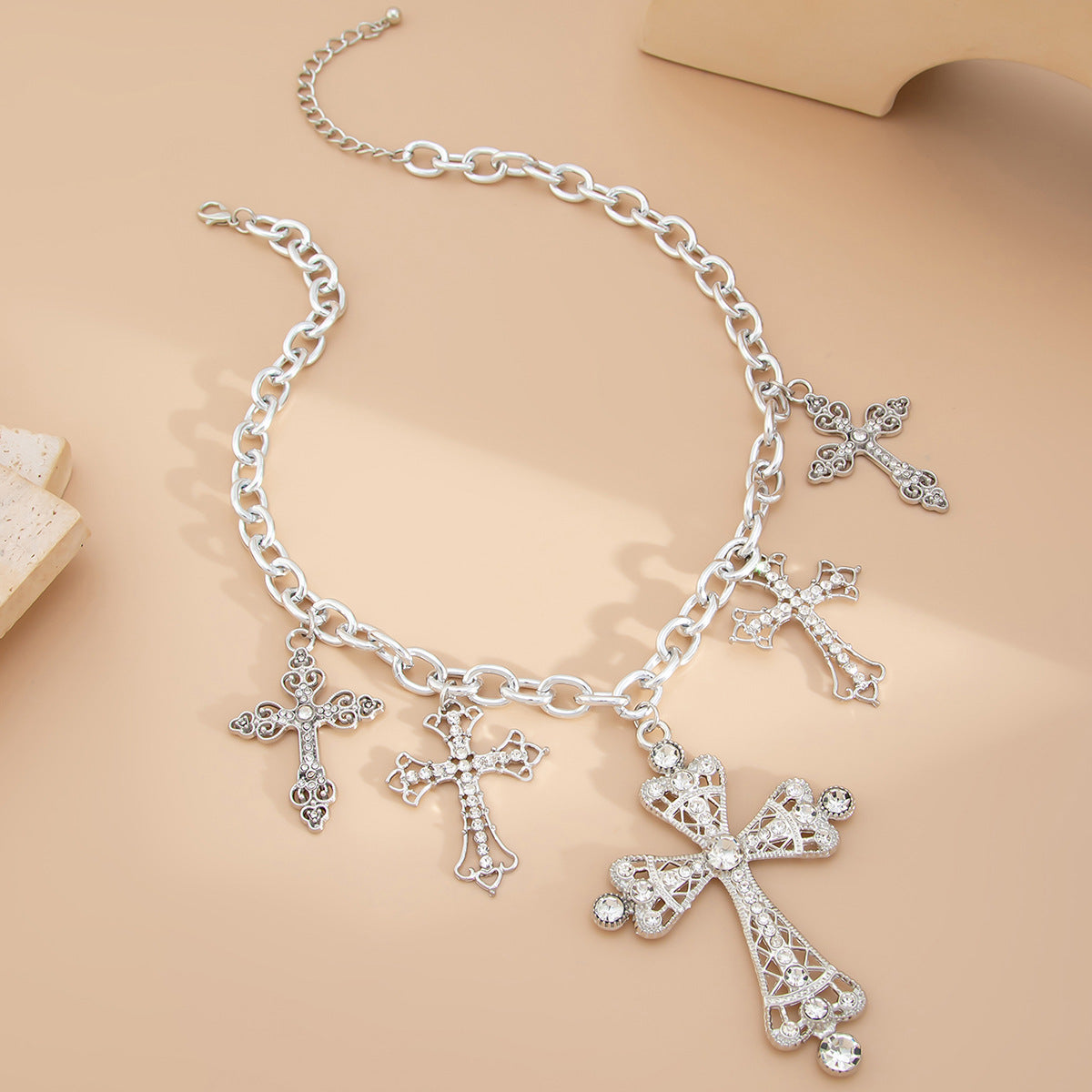 Hip-hop Rhinestone Inlaid Cross Pendant Zinc Alloy Necklace for Women