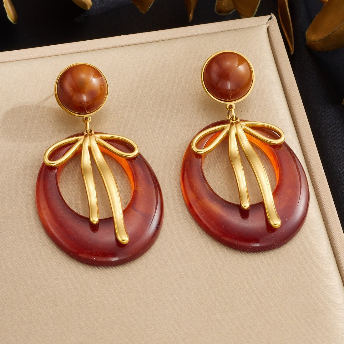 Vintage Geometric Bow Resin Plated Stainless Steel Earrings