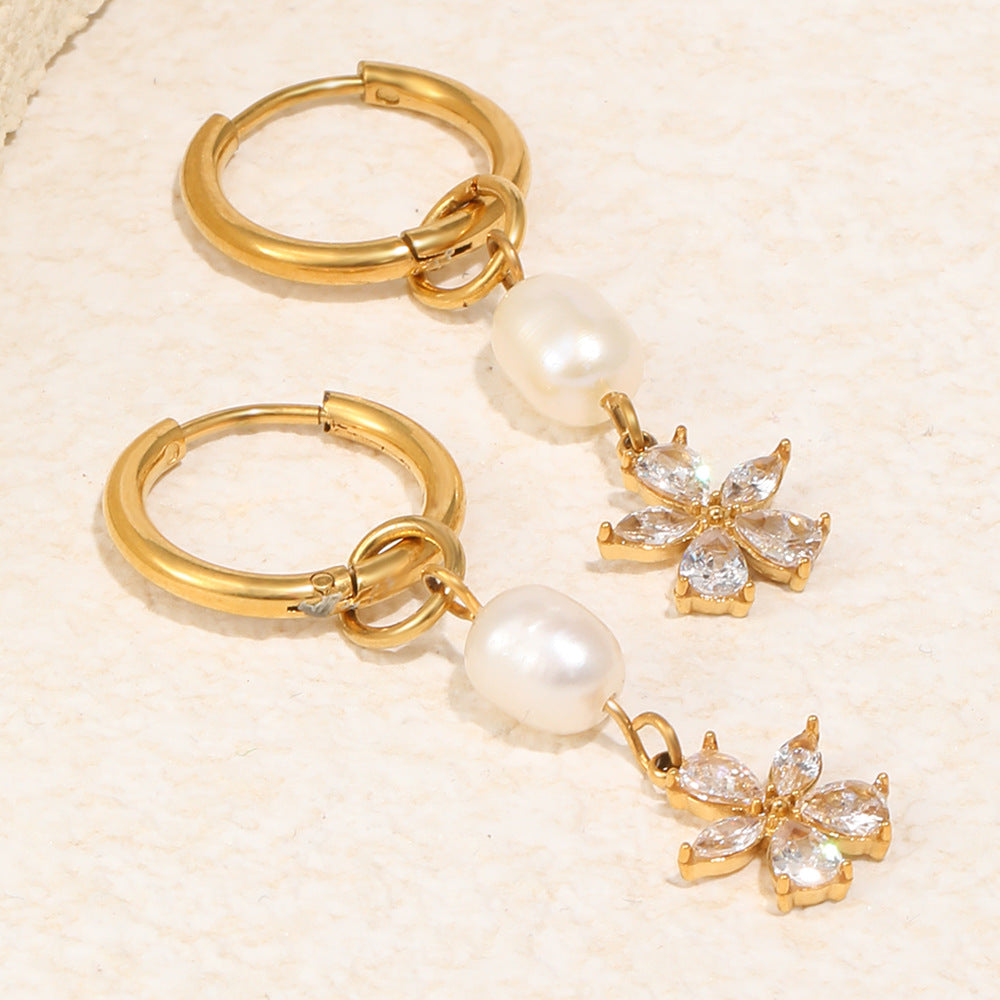 Elegant Luxury 18K Gold Plated Stainless Steel Floral Pearl Tassel Earrings for Women