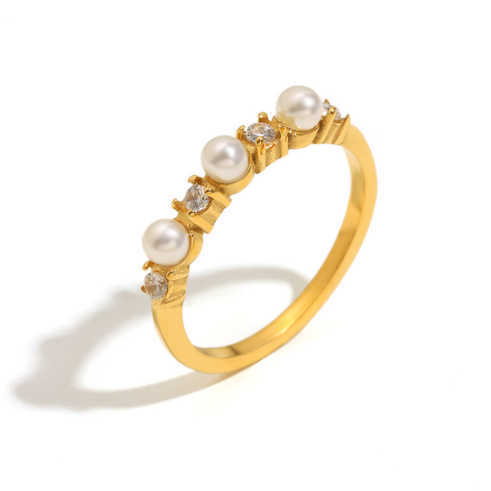Minimalist Geometric Stainless Steel Plated 18K Gold Ring with Simulated Pearl and Zirconia for Women