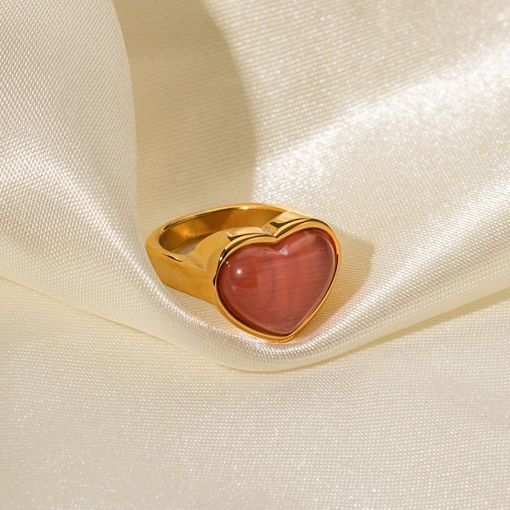 Trendy 18K Gold Plated Heart Pink Cat's Eye Stainless Steel Ring for Women