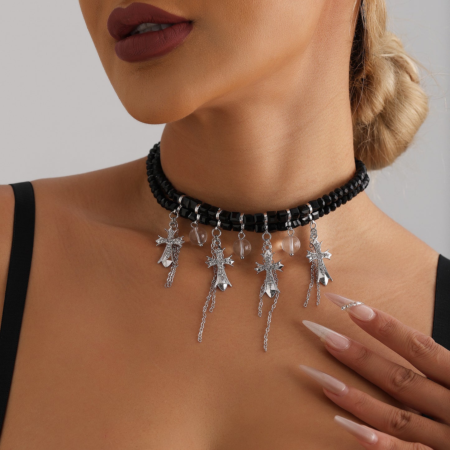 Geometric Cross Pendant Necklace with Rhinestone Inlay Glass Ball and Tassel Detail for Women