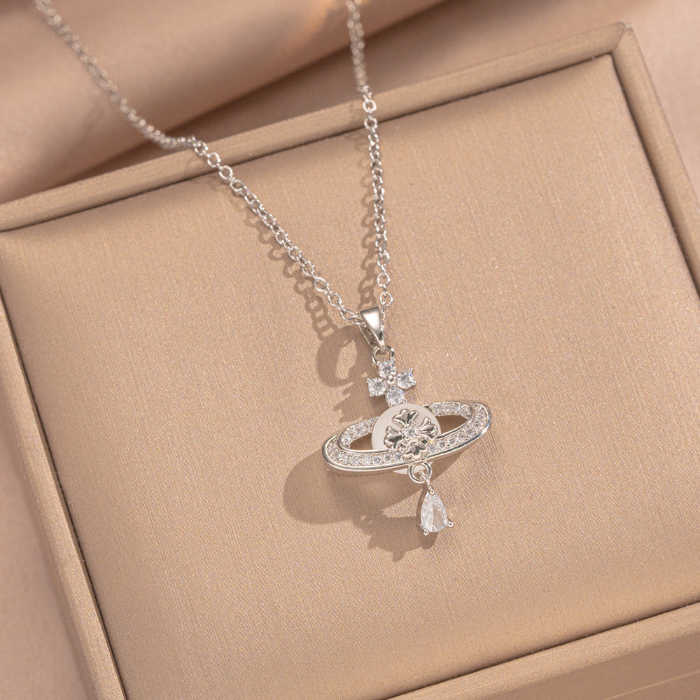 Collar con colgante de lujo con forma de Saturno para mujer, con cobre chapado en oro y circonita, cadena O-Link, accesorio de moda minimalista