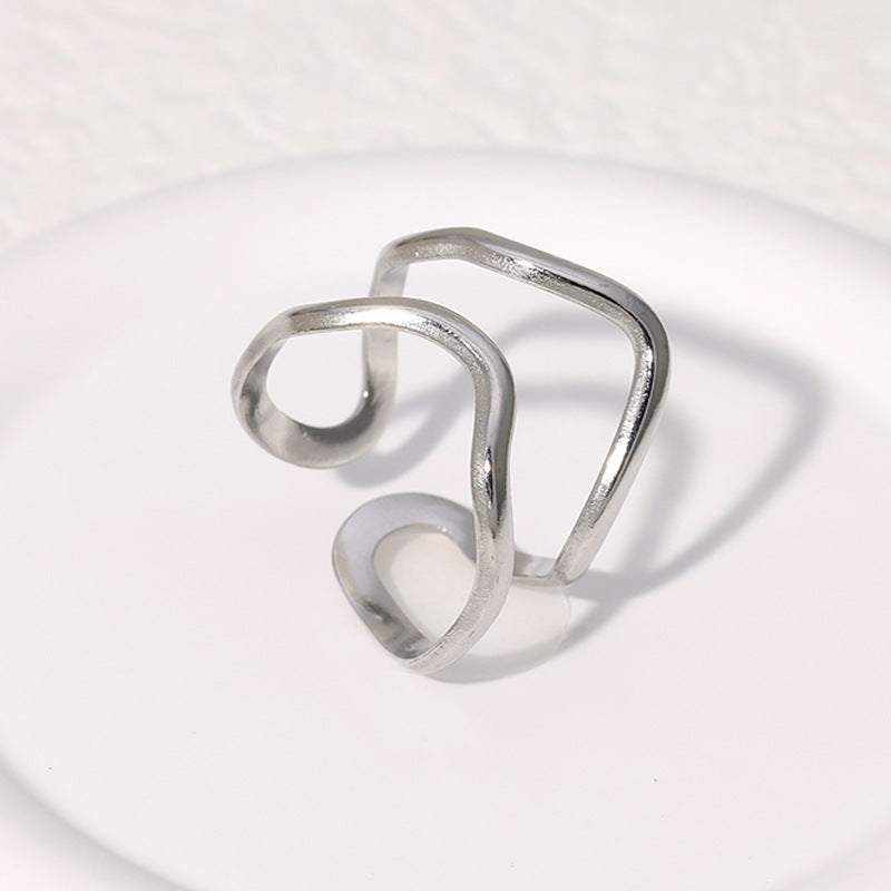 Minimalist Geometric Stainless Steel Open Ring with Asymmetrical Design and Electroplated Finish for Women