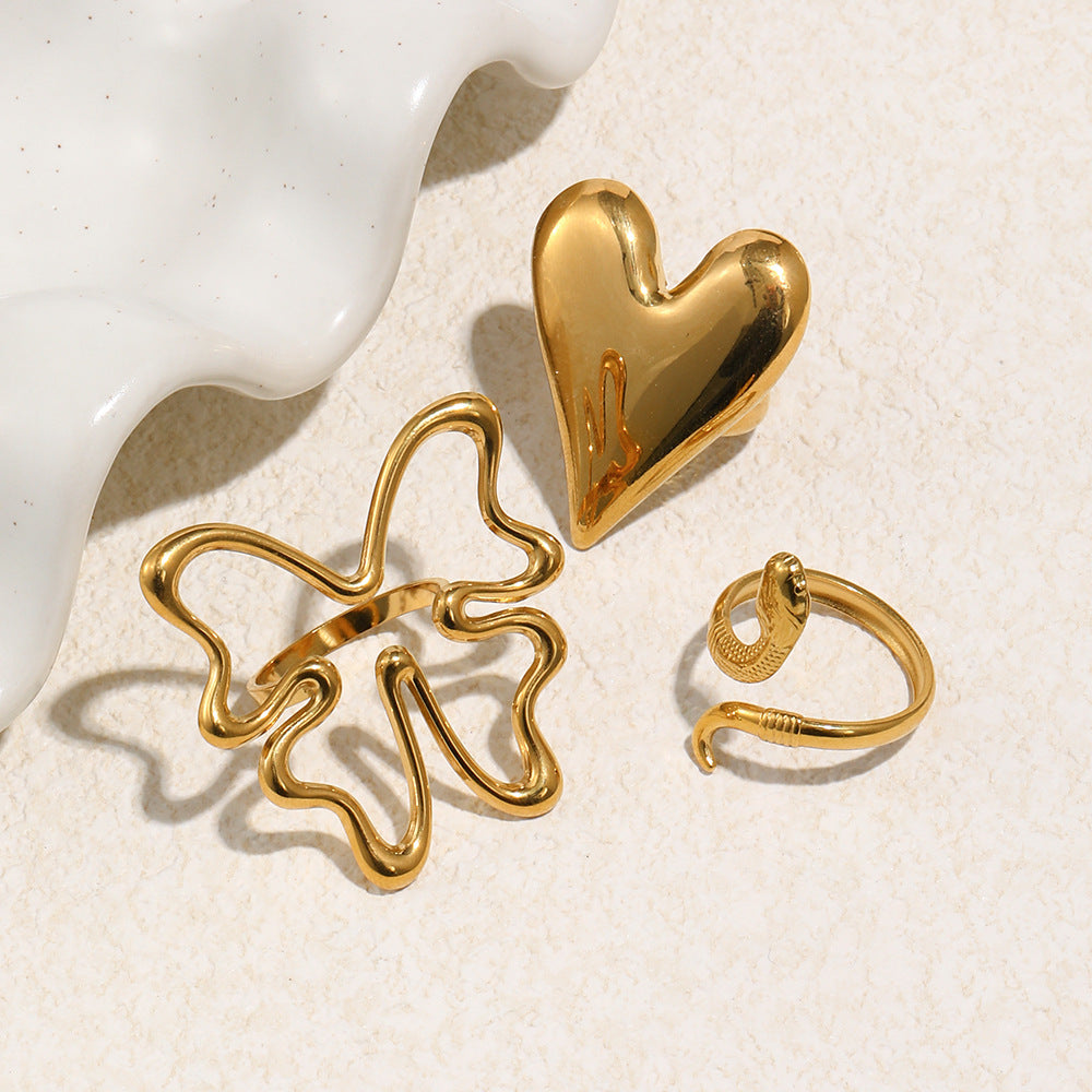 Anello Minimalista a Cuore in Acciaio Inossidabile con Placcatura in Oro 18K, Sottile Fascia a Serpente, Anello Aperto Regolabile da Donna