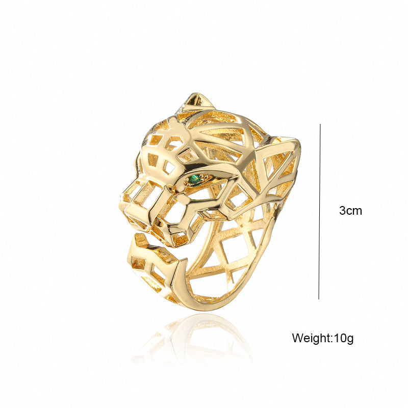 Anello regolabile in rame con motivo leopardato traforato, stile punk, placcato oro 18 carati e incastonatura micro-pavé