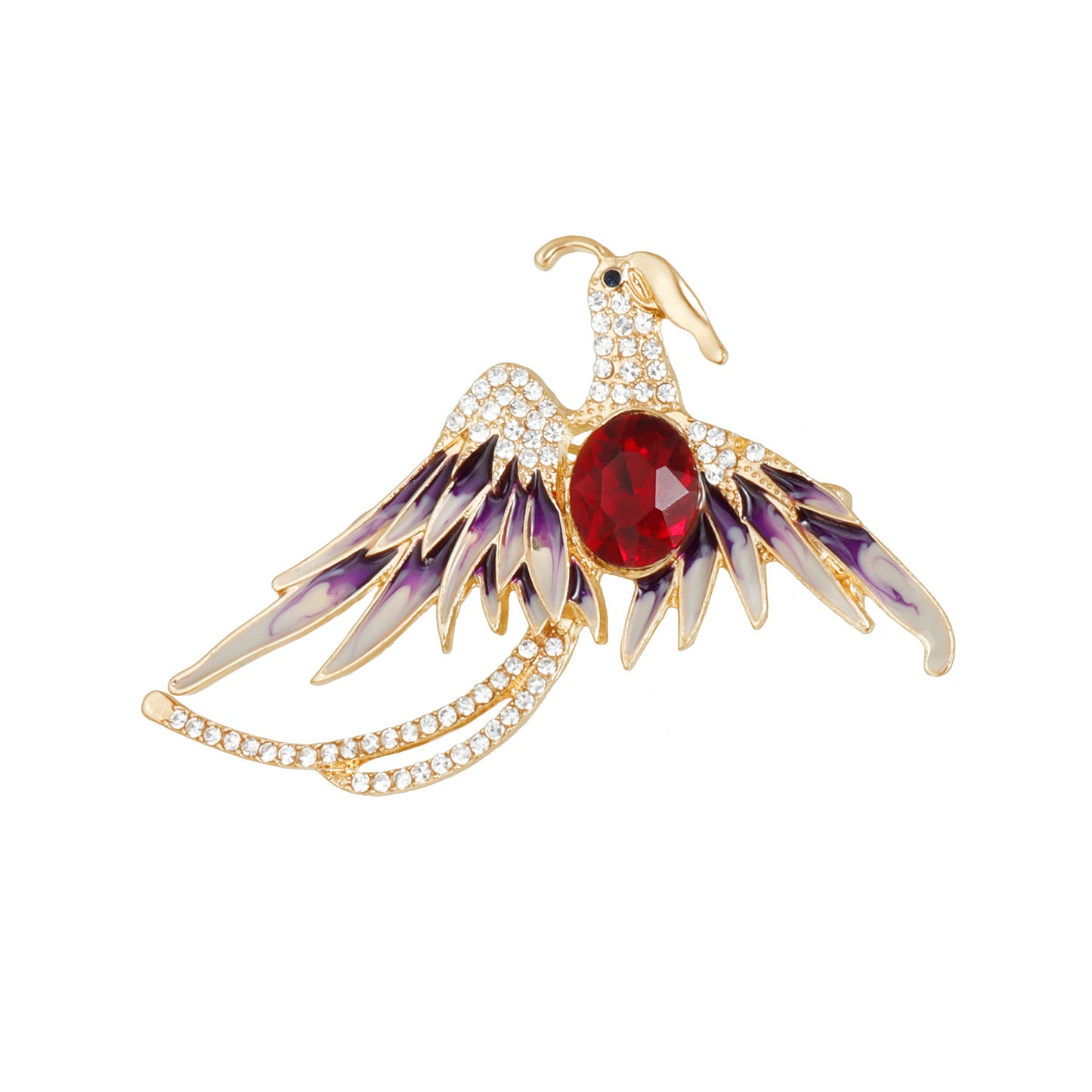 Broche de aleación geométrico estilo OL de moda con incrustaciones de esmalte y pedrería, diseño de pájaro rubí rojo para mujer