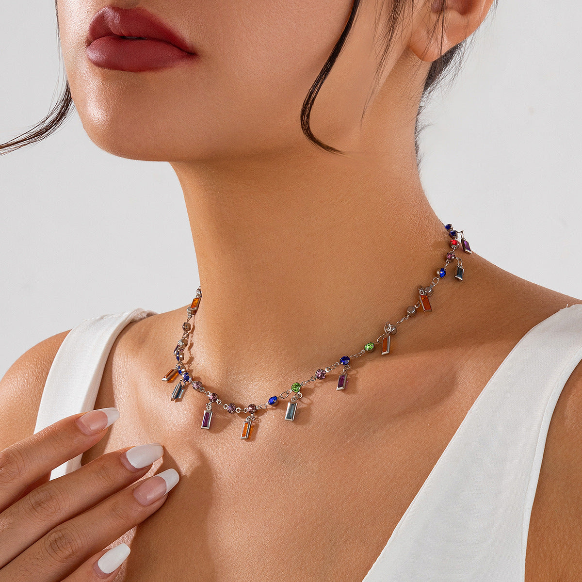 Elegant Geometric Crystal Rhinestone Pendant Necklace Plated Cable Chain for Women