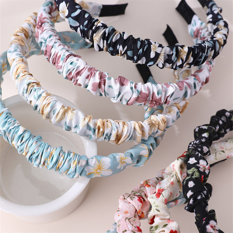 Diadema de tela rizada con estampado floral retro para niñas con revestimiento de resina brillante, accesorio de verano bohemio para el cabello
