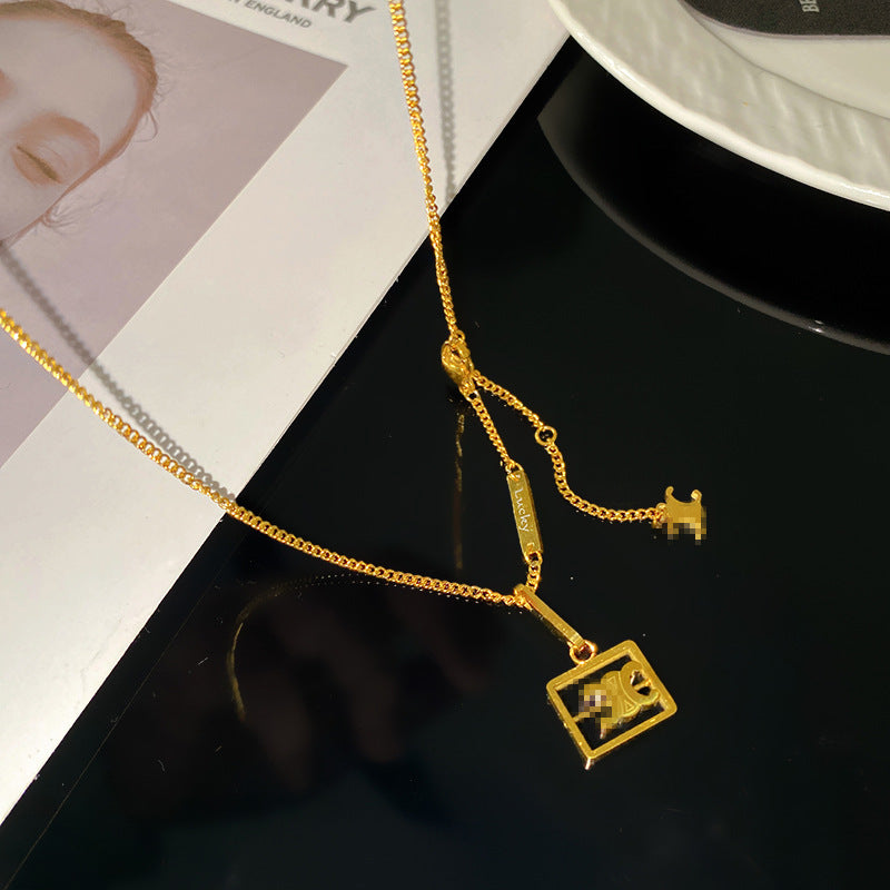 Vintage Geometric Square Hollow Titanium Steel Plated Pendant Necklace with Tassel for Unisex