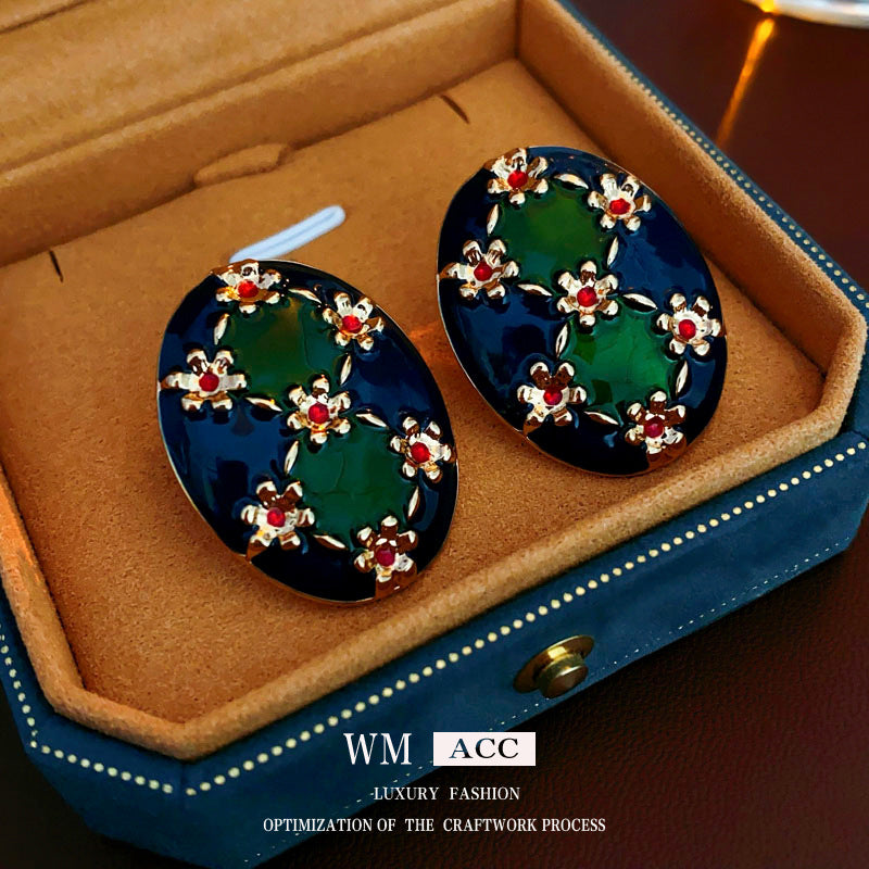Vintage Floral Oval Enamel Earrings with Silver-Plated Copper Base and 14K Gold Posts for Women