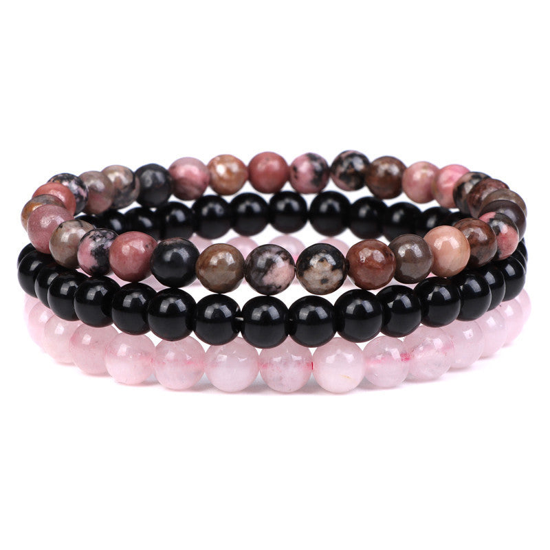 Geometric Natural Agate and Rose Crystal Beaded Stretch Bracelet Set