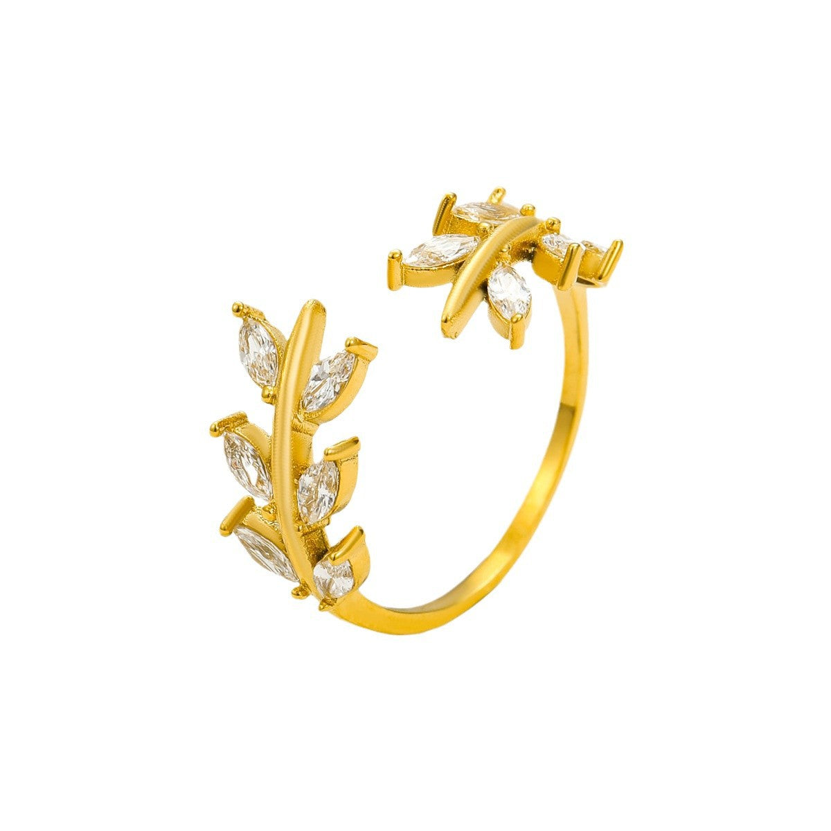 Anillo minimalista de acero de titanio con forma de hoja para mujer, con circonita micropavé, acabado galvanizado, diseño moderno y atemporal