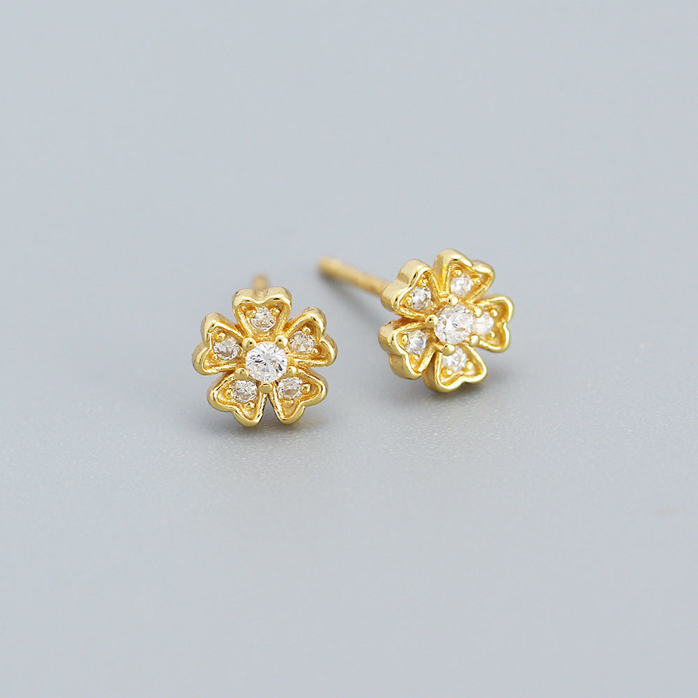 Vintage Sweet Floral 925 Sterling Silver Cubic Zirconia Stud Earrings for Women